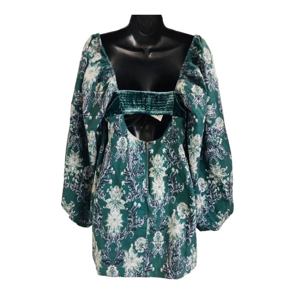 Free People structured green brocade look velvet balloon sleeve babydoll dress - Picture 10 of 16